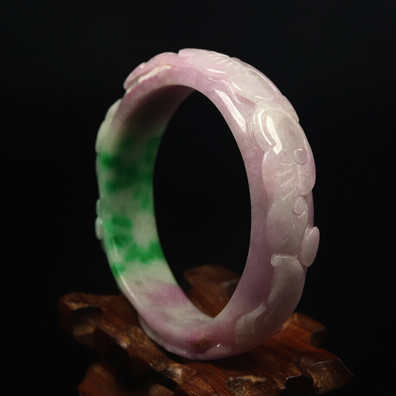 VINTAGE Small Jadeite Green/Lavender Jade Bangle Size 56mm Handcarved Ruyi Y581 - JazzyJewelbyAmina
