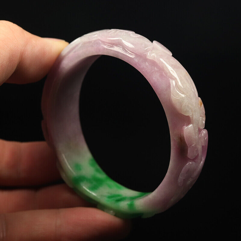 VINTAGE Small Jadeite Green/Lavender Jade Bangle Size 56mm Handcarved Ruyi Y581 - JazzyJewelbyAmina