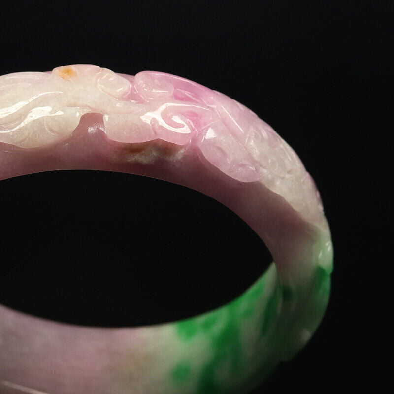 VINTAGE Small Jadeite Green/Lavender Jade Bangle Size 56mm Handcarved Ruyi Y581 - JazzyJewelbyAmina