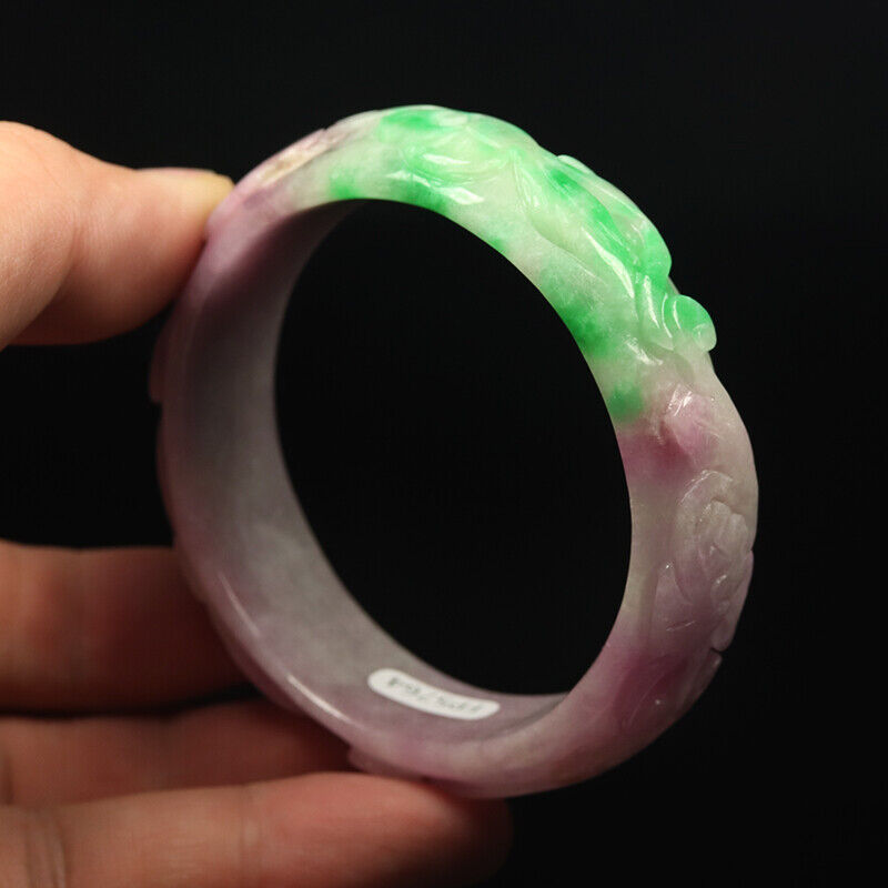 VINTAGE Small Jadeite Green/Lavender Jade Bangle Size 56mm Handcarved Ruyi Y581 - JazzyJewelbyAmina