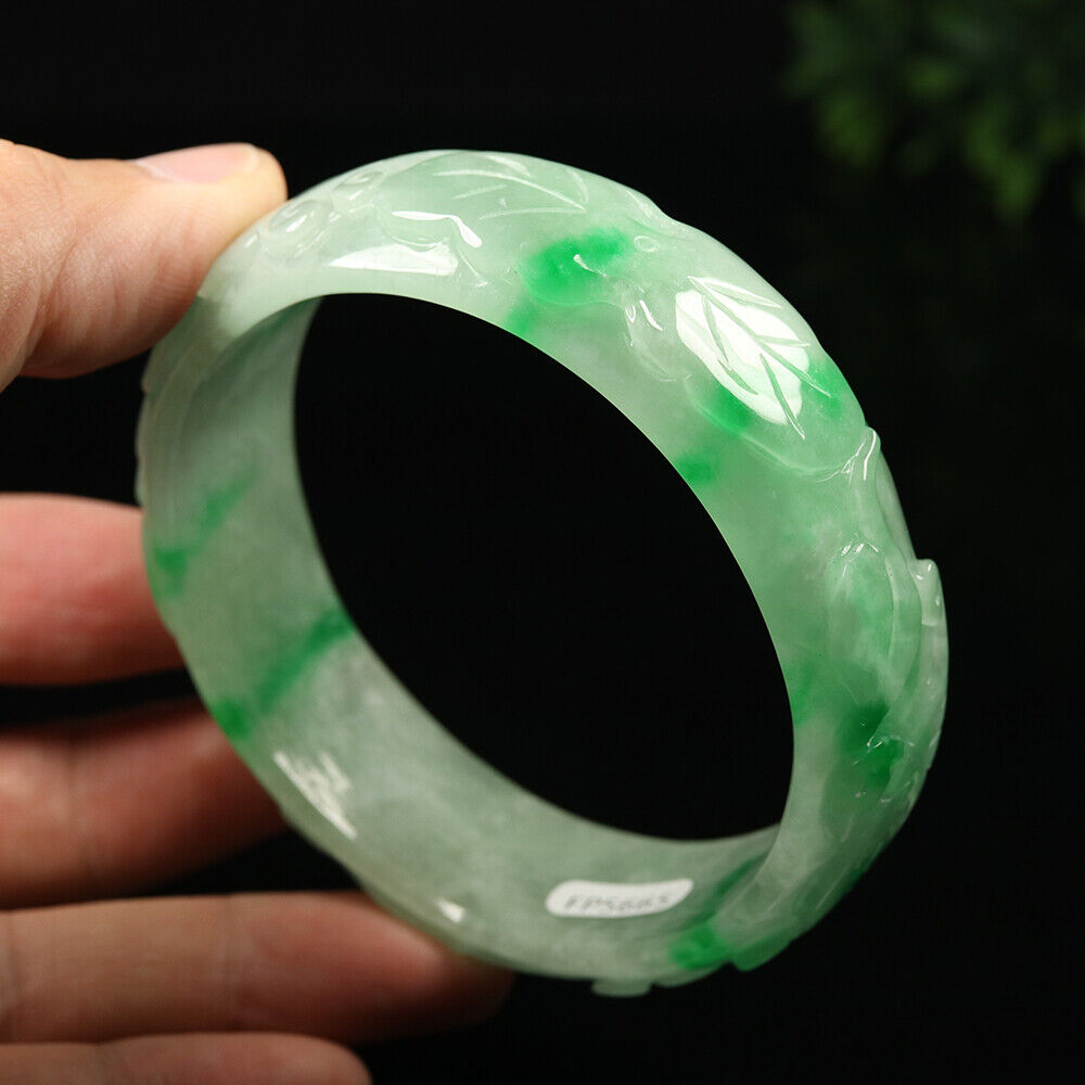 VINTAGE XL Jadeite Green Jade Bangle - Size 65mm Hand Carved Dragon Lotus-Lunar Year! Y665 - JazzyJewelbyAmina