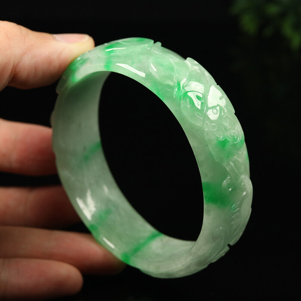 VINTAGE XL Jadeite Green Jade Bangle - Size 65mm Hand Carved Dragon Lotus-Lunar Year! Y665 - JazzyJewelbyAmina