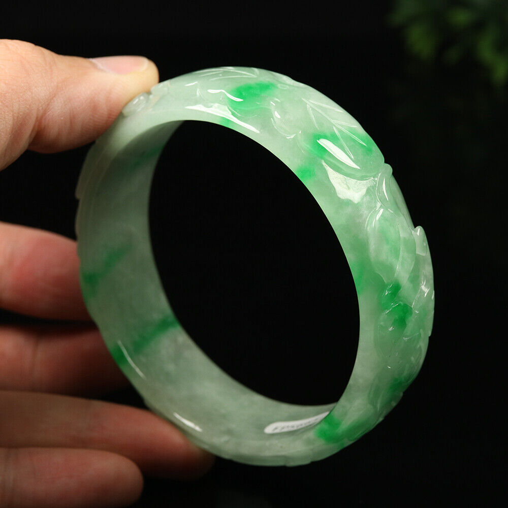 VINTAGE XL Jadeite Green Jade Bangle - Size 65mm Hand Carved Dragon Lotus-Lunar Year! Y665 - JazzyJewelbyAmina