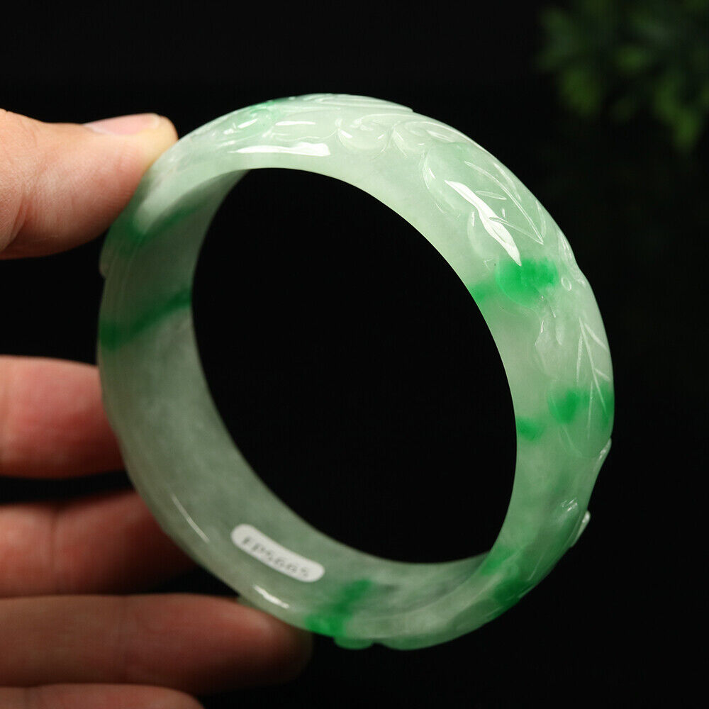 VINTAGE XL Jadeite Green Jade Bangle - Size 65mm Hand Carved Dragon Lotus-Lunar Year! Y665 - JazzyJewelbyAmina