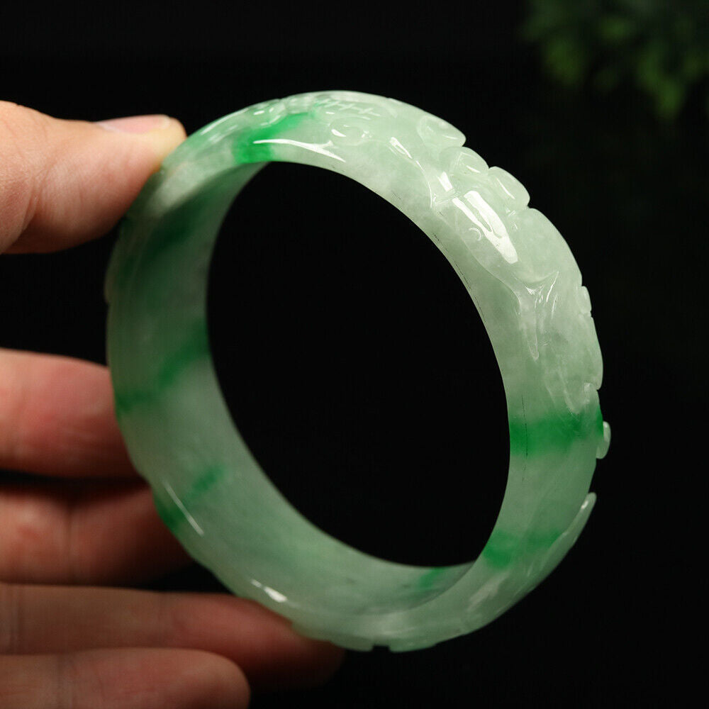 VINTAGE XL Jadeite Green Jade Bangle - Size 65mm Hand Carved Dragon Lotus-Lunar Year! Y665 - JazzyJewelbyAmina