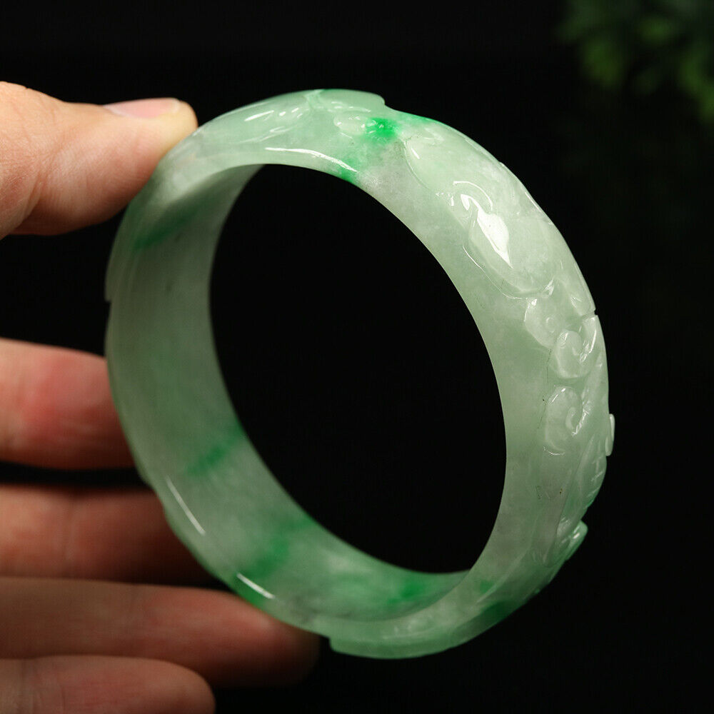 VINTAGE XL Jadeite Green Jade Bangle - Size 65mm Hand Carved Dragon Lotus-Lunar Year! Y665 - JazzyJewelbyAmina