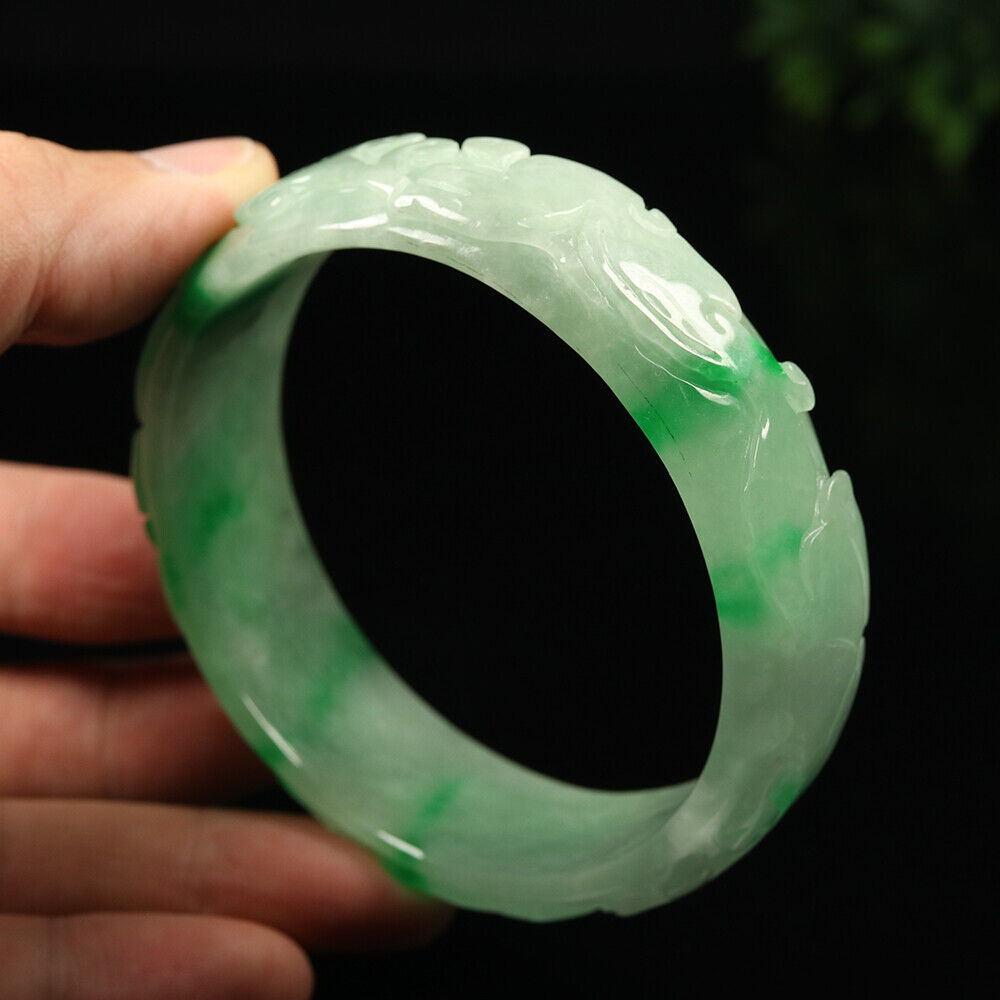 VINTAGE XL Jadeite Green Jade Bangle - Size 65mm Hand Carved Dragon Lotus-Lunar Year! Y665 - JazzyJewelbyAmina