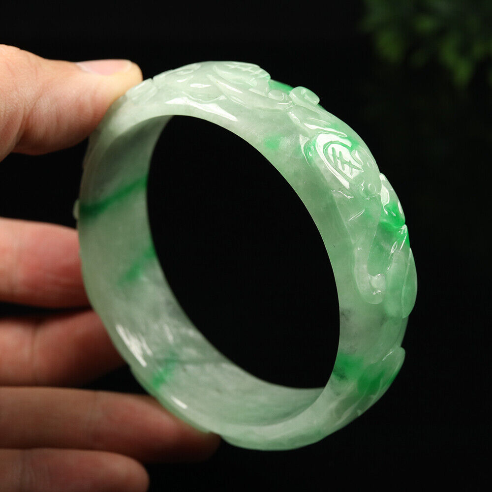 VINTAGE XL Jadeite Green Jade Bangle - Size 65mm Hand Carved Dragon Lotus-Lunar Year! Y665 - JazzyJewelbyAmina