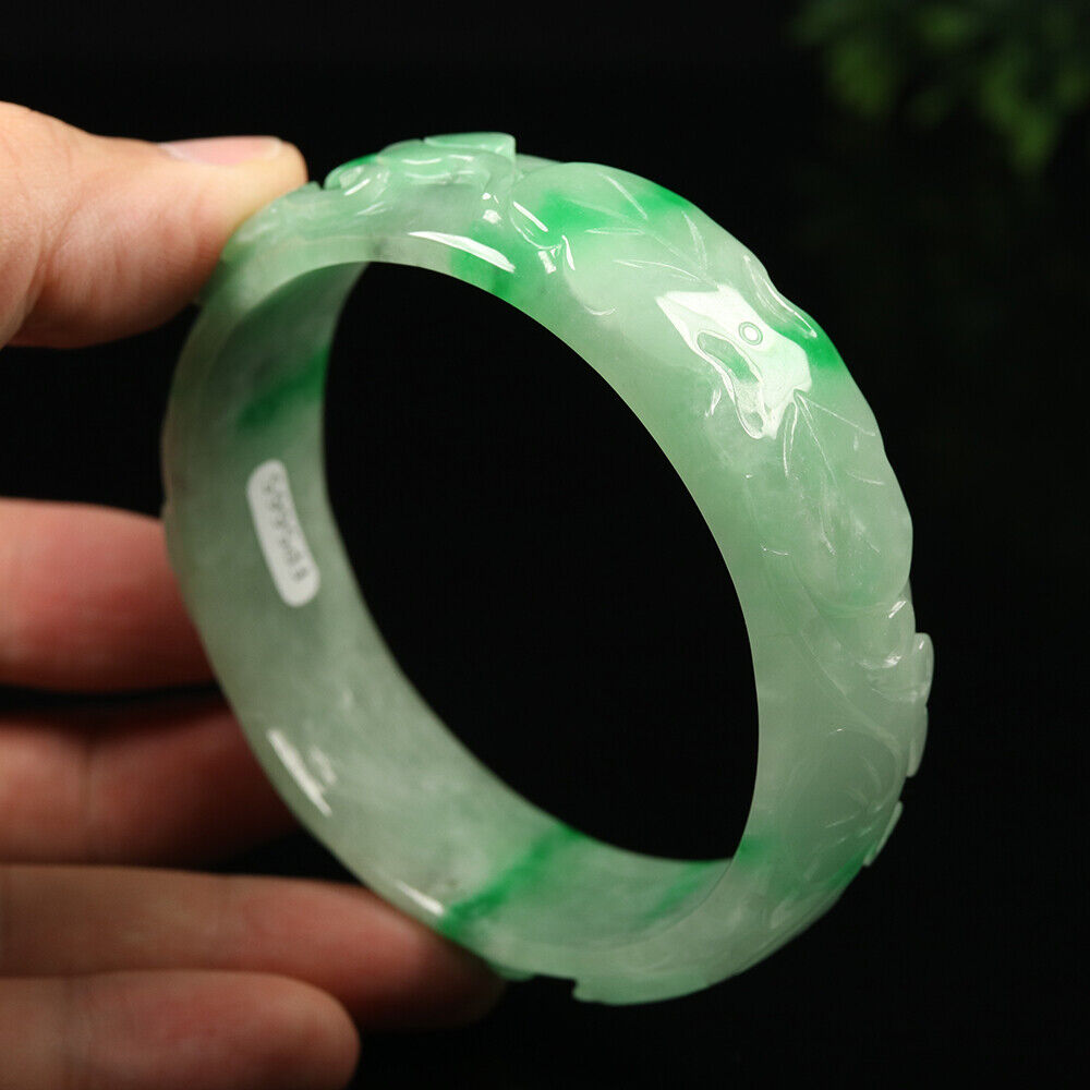 VINTAGE XL Jadeite Green Jade Bangle - Size 65mm Hand Carved Dragon Lotus-Lunar Year! Y665 - JazzyJewelbyAmina