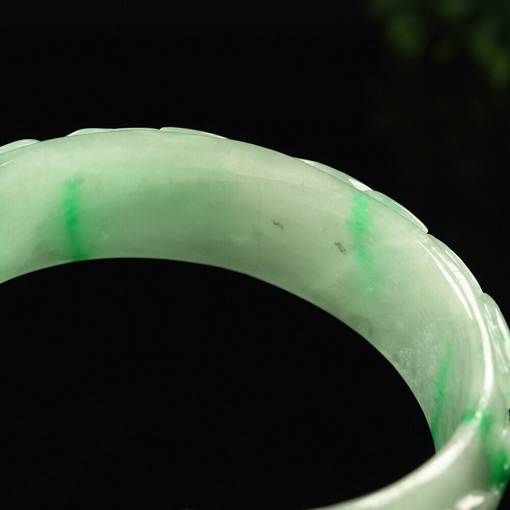 VINTAGE XL Jadeite Green Jade Bangle - Size 65mm Hand Carved Dragon Lotus-Lunar Year! Y665 - JazzyJewelbyAmina