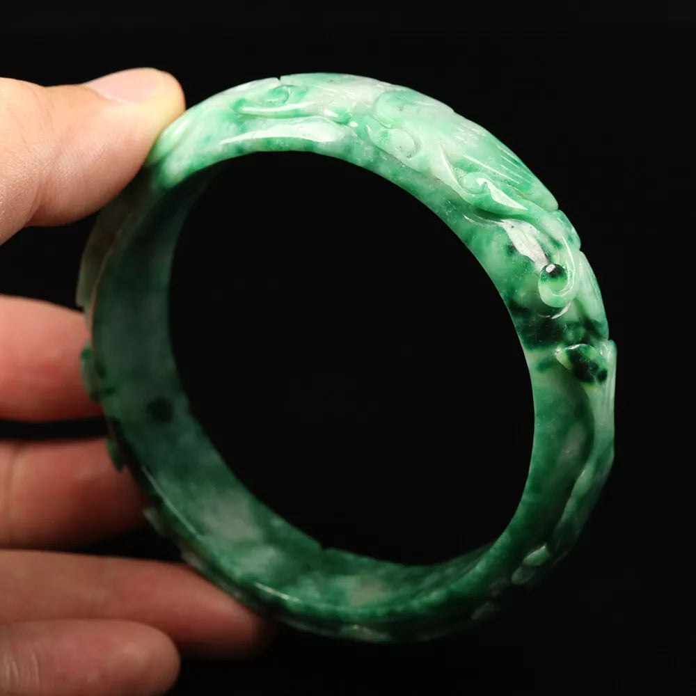 VINTAGE XXL Jadeite Green Jade Bangle Hand Carved Dragon Phoenix Fish Size 67mm L749 - JazzyJewelbyAmina