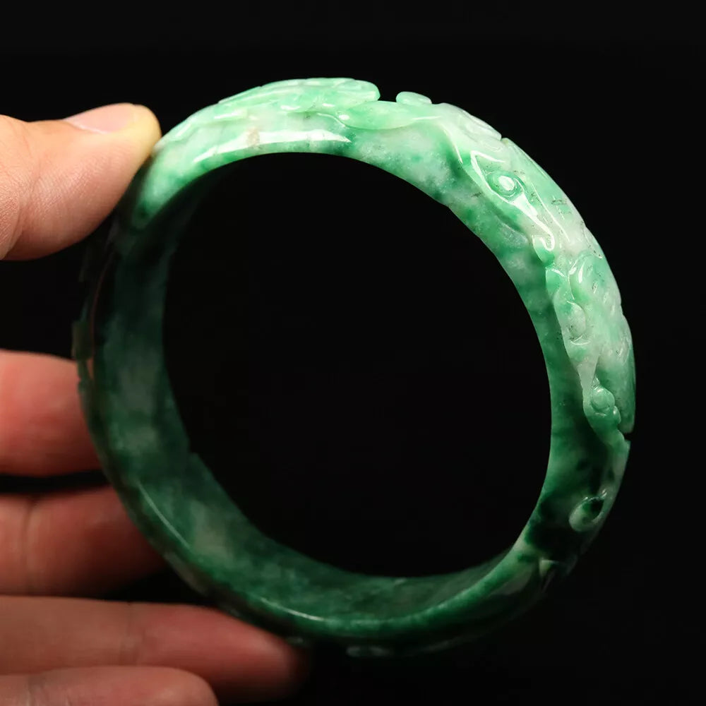 VINTAGE XXL Jadeite Green Jade Bangle Hand Carved Dragon Phoenix Fish Size 67mm L749 - JazzyJewelbyAmina