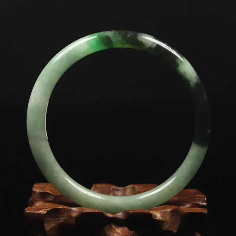 VINTAGE Medium Jadeite Green /Black Jade Bangle - Round Princess Thin Cur - Size 59mm 'FINE HAIRLINE CRACK' U987 - JazzyJewelbyAmina