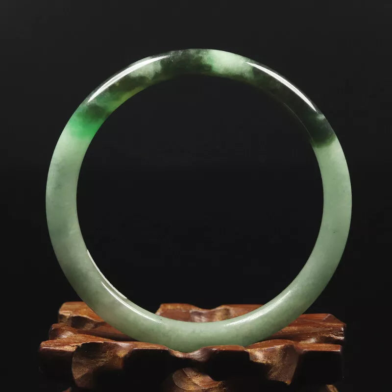 VINTAGE Medium Jadeite Green /Black Jade Bangle - Round Princess Thin Cur - Size 59mm 'FINE HAIRLINE CRACK' U987 - JazzyJewelbyAmina