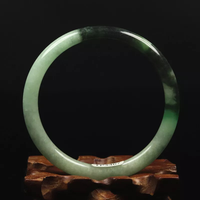VINTAGE Medium Jadeite Green /Black Jade Bangle - Round Princess Thin Cur - Size 59mm 'FINE HAIRLINE CRACK' U987 - JazzyJewelbyAmina
