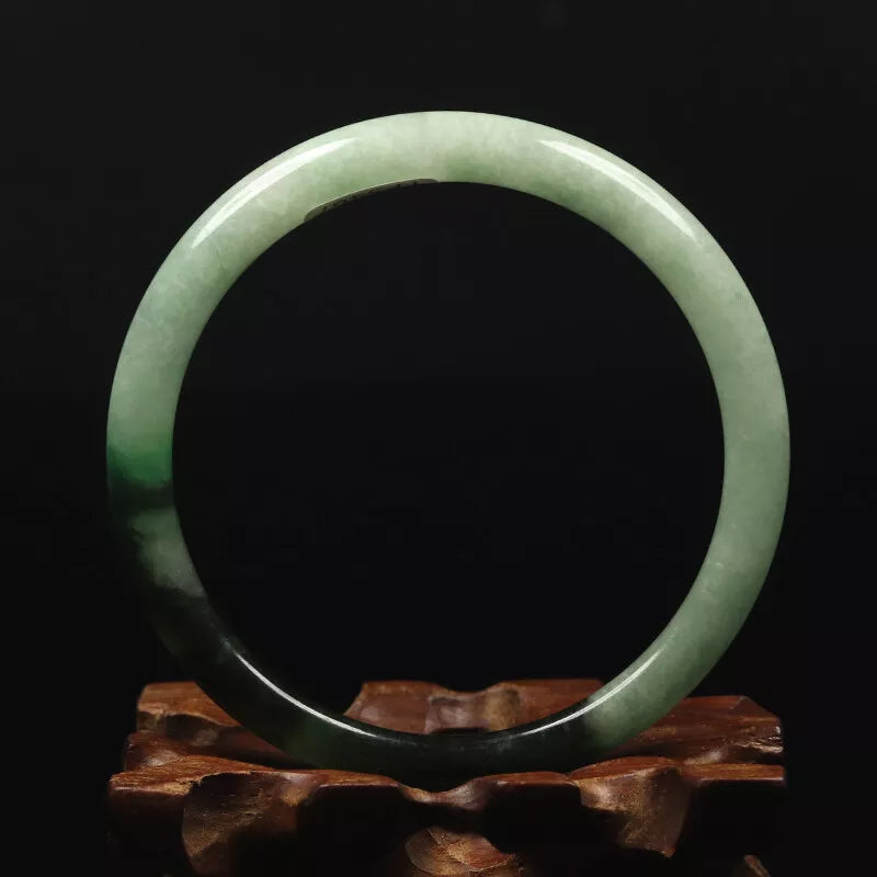 VINTAGE Medium Jadeite Green /Black Jade Bangle - Round Princess Thin Cur - Size 59mm 'FINE HAIRLINE CRACK' U987 - JazzyJewelbyAmina