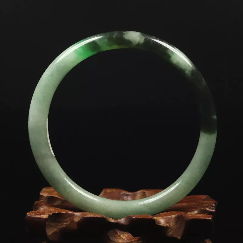 VINTAGE Medium Jadeite Green /Black Jade Bangle - Round Princess Thin Cur - Size 59mm 'FINE HAIRLINE CRACK' U987 - JazzyJewelbyAmina