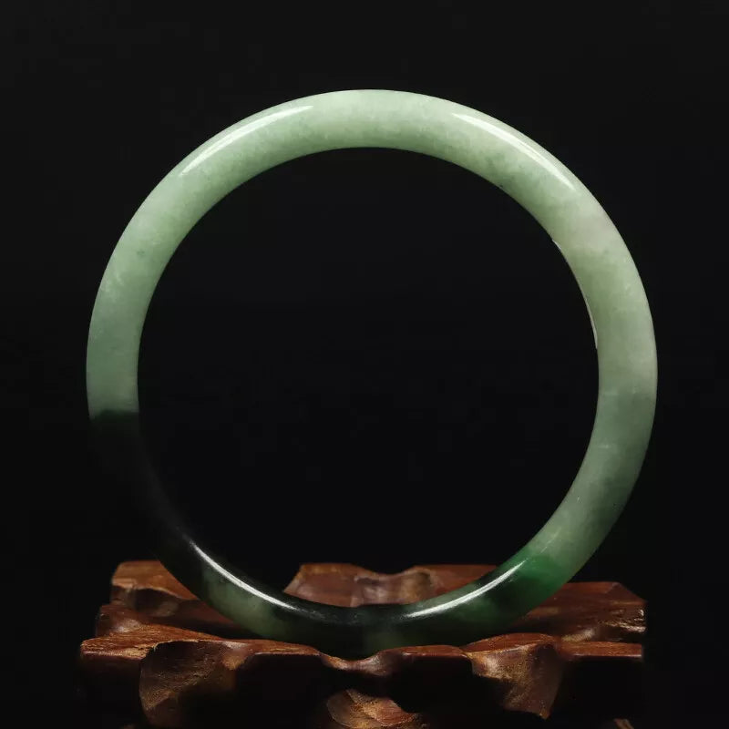 VINTAGE Medium Jadeite Green /Black Jade Bangle - Round Princess Thin Cur - Size 59mm 'FINE HAIRLINE CRACK' U987 - JazzyJewelbyAmina