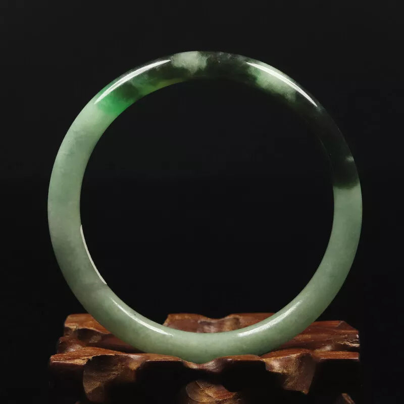 VINTAGE Medium Jadeite Green /Black Jade Bangle - Round Princess Thin Cur - Size 59mm 'FINE HAIRLINE CRACK' U987 - JazzyJewelbyAmina