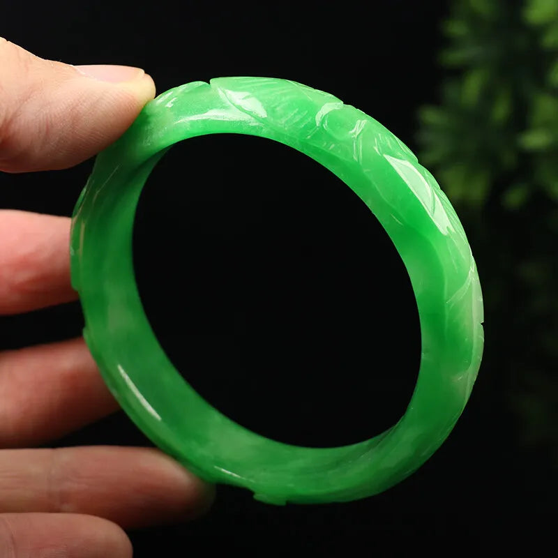 VINTAGE Medium Jadeite Green Hancarved Jade Bangle Size 59mm Dragon Phoneix - Lunar Year of the Dragon! F035 - JazzyJewelbyAmina