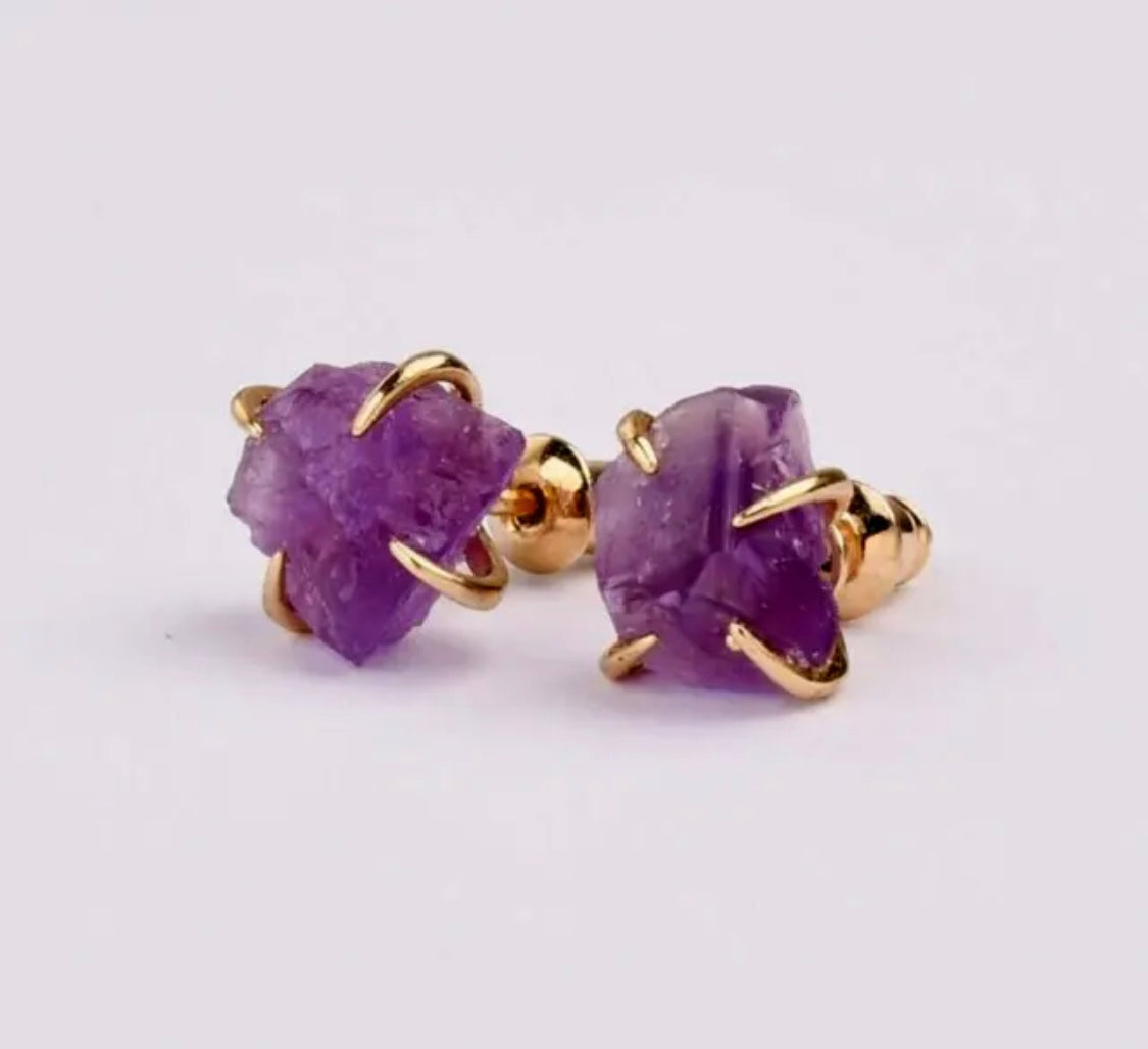 Raw Amethyst Crystal Stud Earrings - JazzyJewelbyAmina