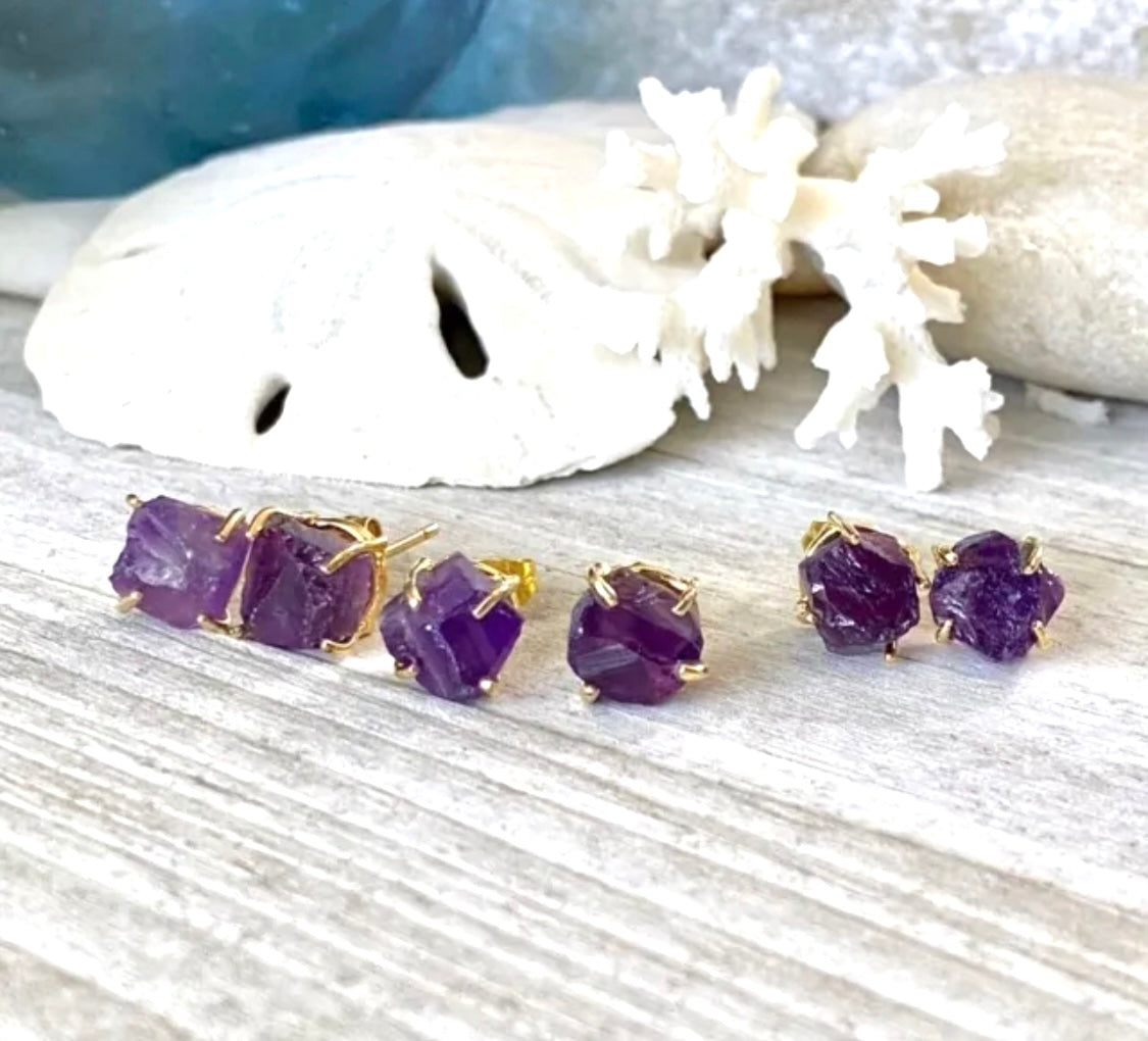Raw Amethyst Crystal Stud Earrings - JazzyJewelbyAmina