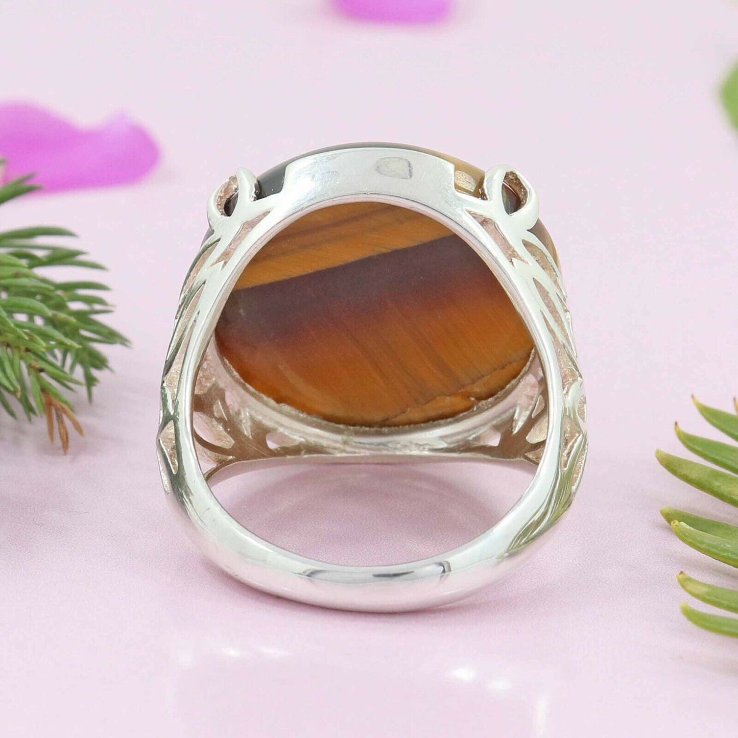 VINTAGE Handmade Natural Tiger Eye Gemstone 925 Sterling Silver Jewelry Ring Size 8US - JazzyJewelbyAmina