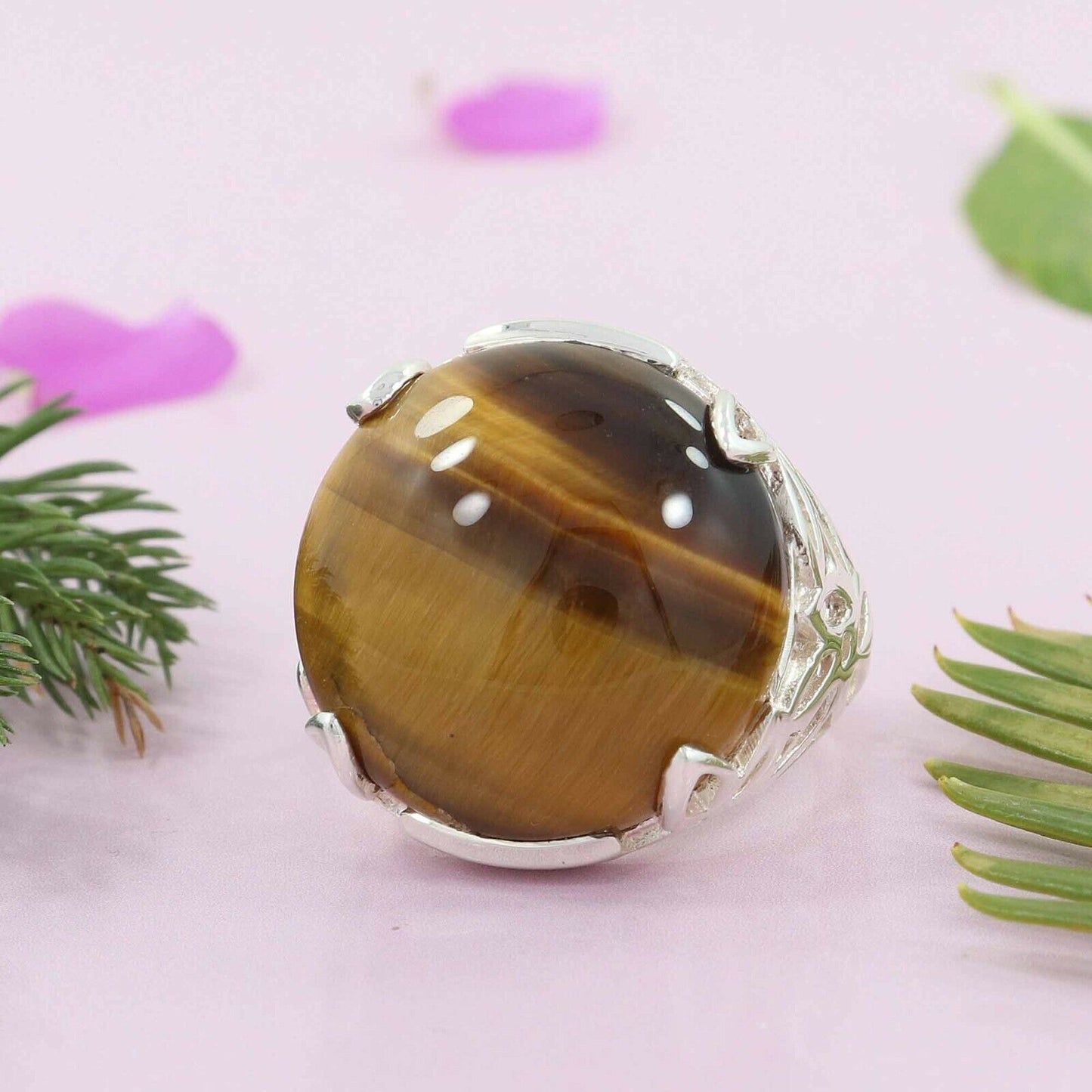 VINTAGE Handmade Natural Tiger Eye Gemstone 925 Sterling Silver Jewelry Ring Size 8US - JazzyJewelbyAmina