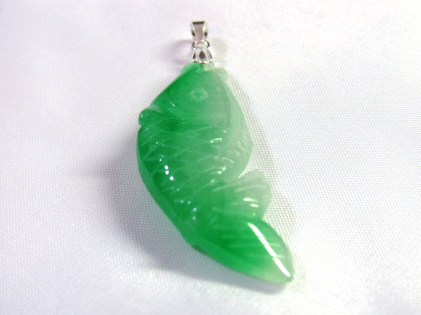 VINTAGE Jadeite Green Jade Fish Pendant - 925 Sterling Silver Bail- Lucky Jade Piece! M385 - JazzyJewelbyAmina