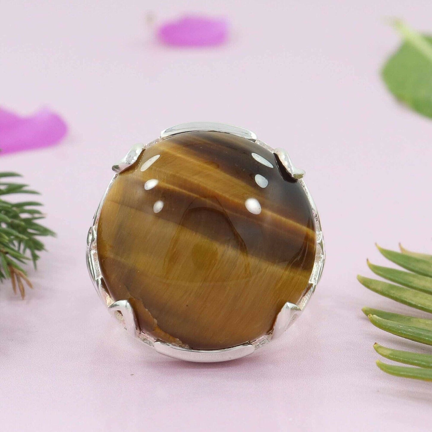 VINTAGE Handmade Natural Tiger Eye Gemstone 925 Sterling Silver Jewelry Ring Size 8US - JazzyJewelbyAmina