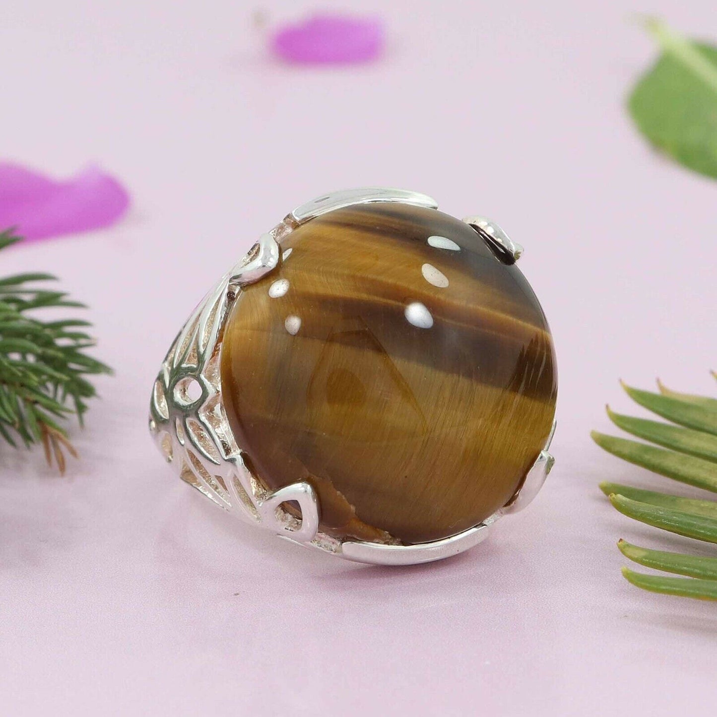 VINTAGE Handmade Natural Tiger Eye Gemstone 925 Sterling Silver Jewelry Ring Size 8US - JazzyJewelbyAmina