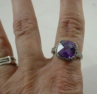 VINTAGE Large Amethyst Ring - Square Cushion Cut Sterling Silver (925) - Size 10 - JazzyJewelbyAmina