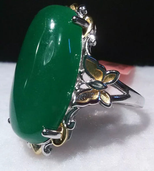 VINTAGE Jadeite Green Jade Ring Yellow Gold Vermeil Over Sterling Silver Size 5 TGW 12.65 ct - JazzyJewelbyAmina 