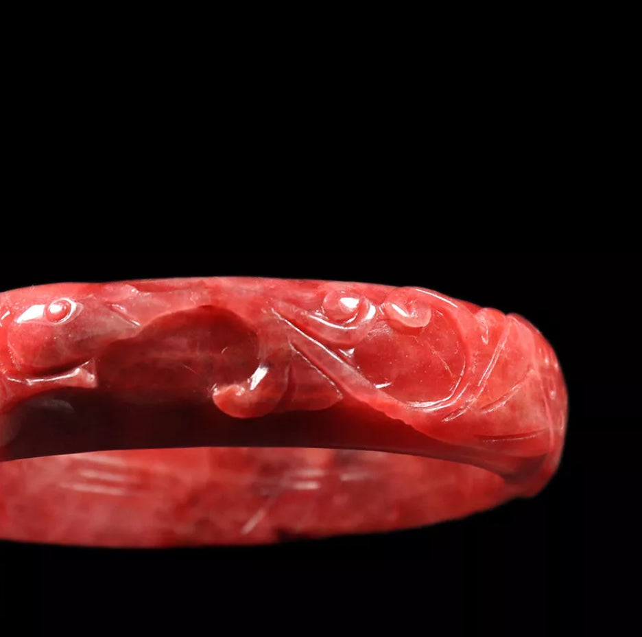 VINTAGE XL Jadeite Red Jade Bangle Size 65mm Hand Carved Ruyi Fish Lotus Flower D827 - JazzyJewelbyAmina 