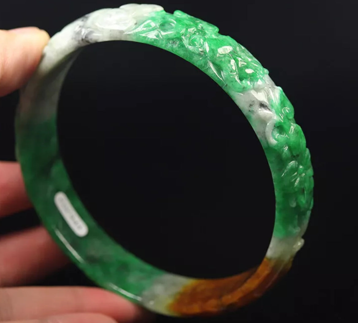 VINTAGE XXL Jadeite Green Brown Jade Handcarved Flower, Rabbit, Bird - Unique Jade Piece! Size 81mm S457 - JazzyJewelbyAmina 