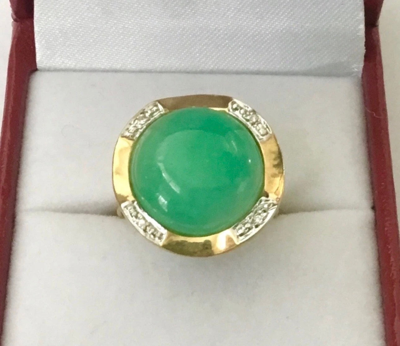 VINTAGE Owned Green Jade Ring w/ Diamonds 14K Solid Gold - stamped