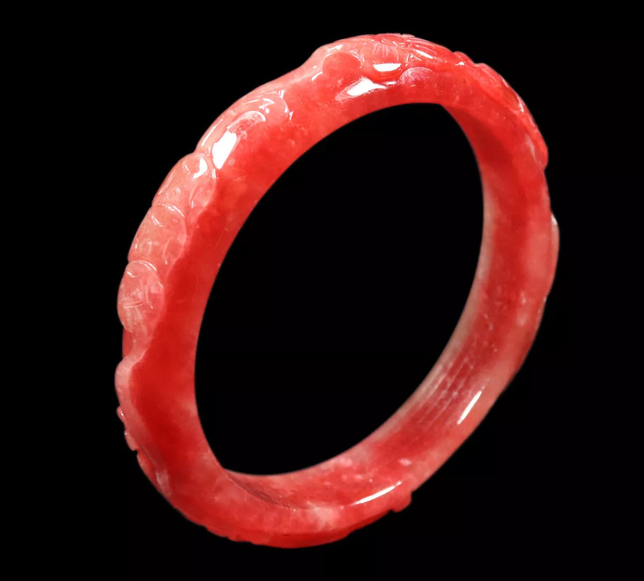 VINTAGE XL Jadeite Red Jade Bangle Handcarved FLOWER Size 65mm S631 - JazzyJewelbyAmina 