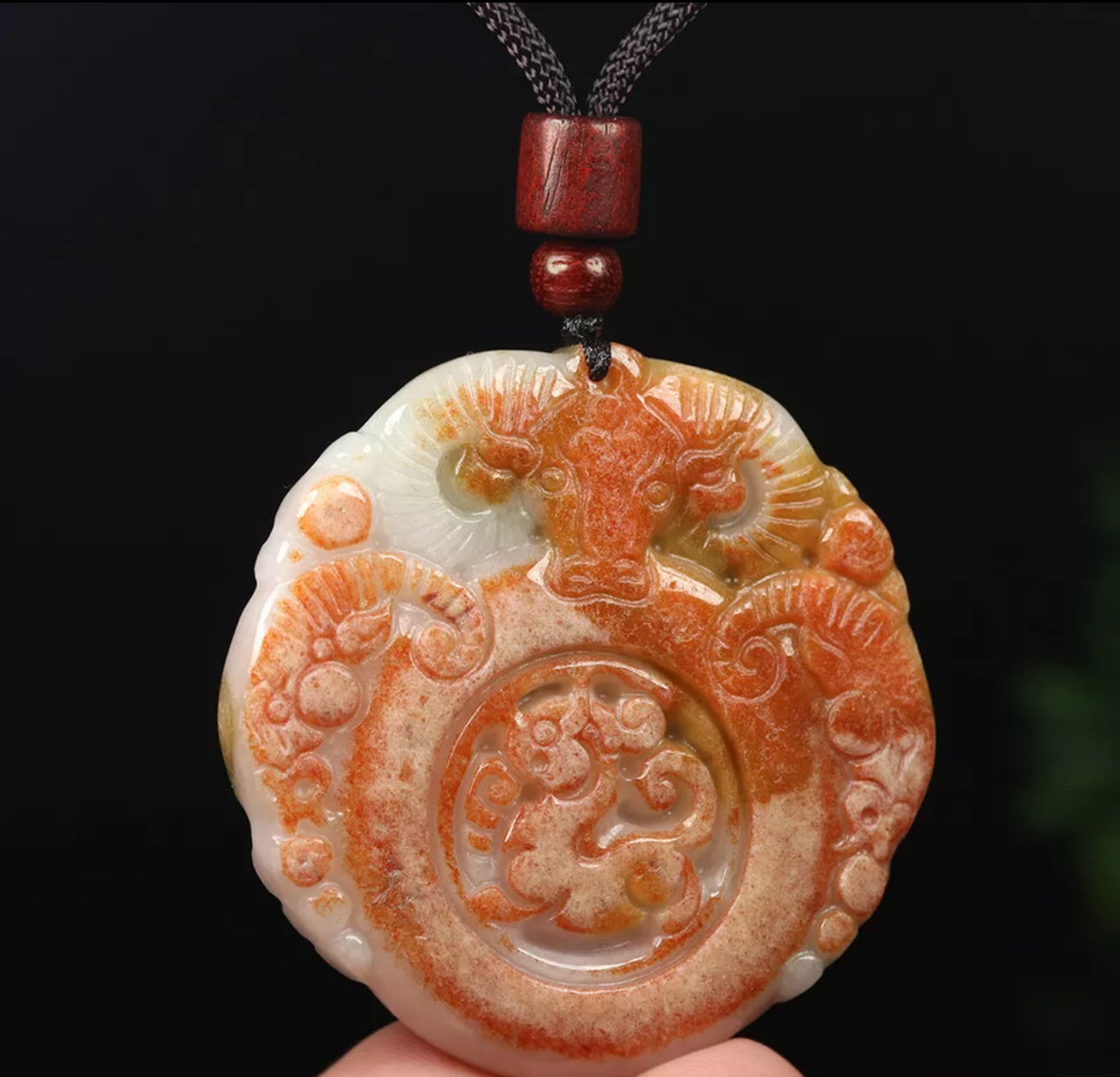 VINTAGE Red Brown Jadeite Green Jade Pendant Hand-carved Ox Dragon - Fine Unique Jade D883 - JazzyJewelbyAmina 