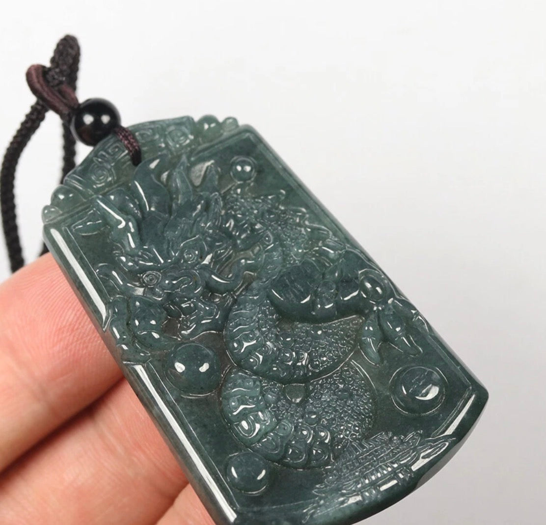 VINTAGE Oil Green Icy Jade Handcarved Dragon Pendant U719