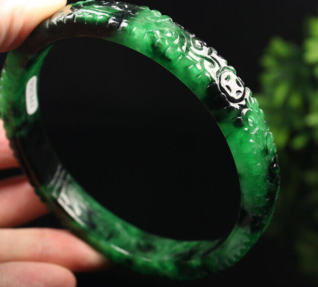 VINTAGE XXL Jadeite Green/Black Jade Bangle Size Hand-Carved Dragon Phoenix 82mm D465 Fine Jade Unique Piece! - JazzyJewelbyAmina 