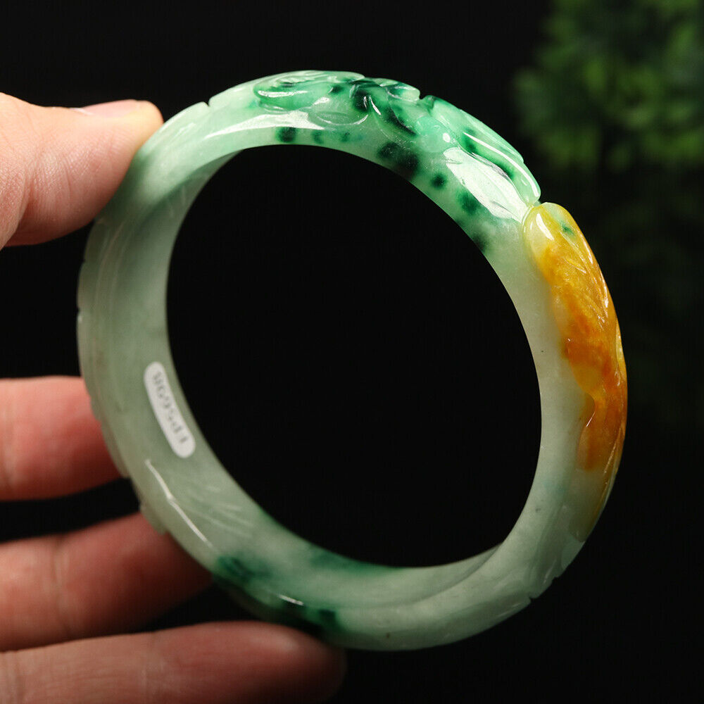 VINTAGE XXL Jadeite Green/Yelloe/White Handcarved Bangle Dragon Lotus Ruyi A449 - JazzyJewelbyAmina 