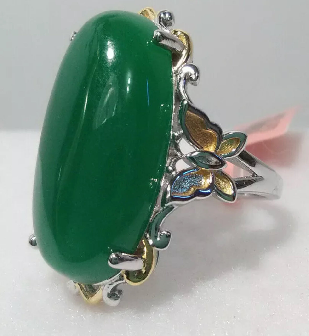 VINTAGE Jadeite Green Jade Ring Yellow Gold Vermeil Over Sterling Silver Size 5 TGW 12.65 ct - JazzyJewelbyAmina 