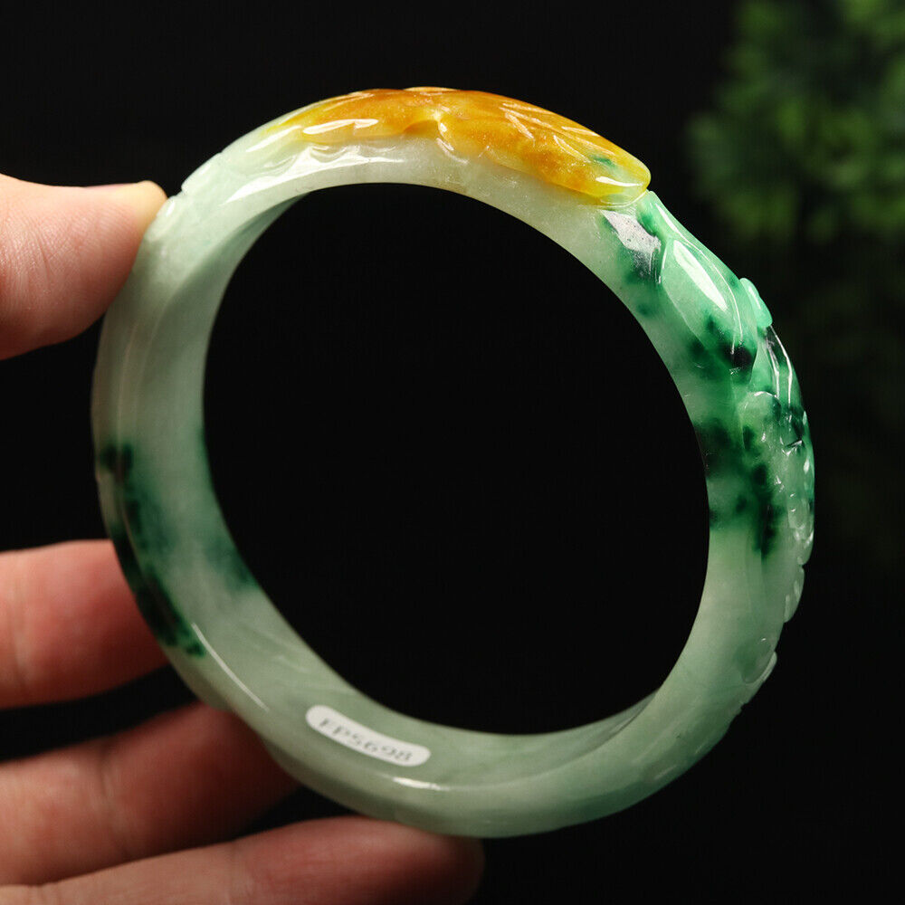 VINTAGE XXL Jadeite Green/Yelloe/White Handcarved Bangle Dragon Lotus Ruyi A449 - JazzyJewelbyAmina 
