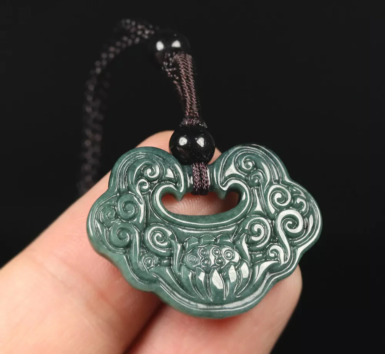 VINTAGE Jadeite Green Jade Pendant Hand Carved Lotus Flower w/ Threaded Chord M244 - JazzyJewelbyAmina 