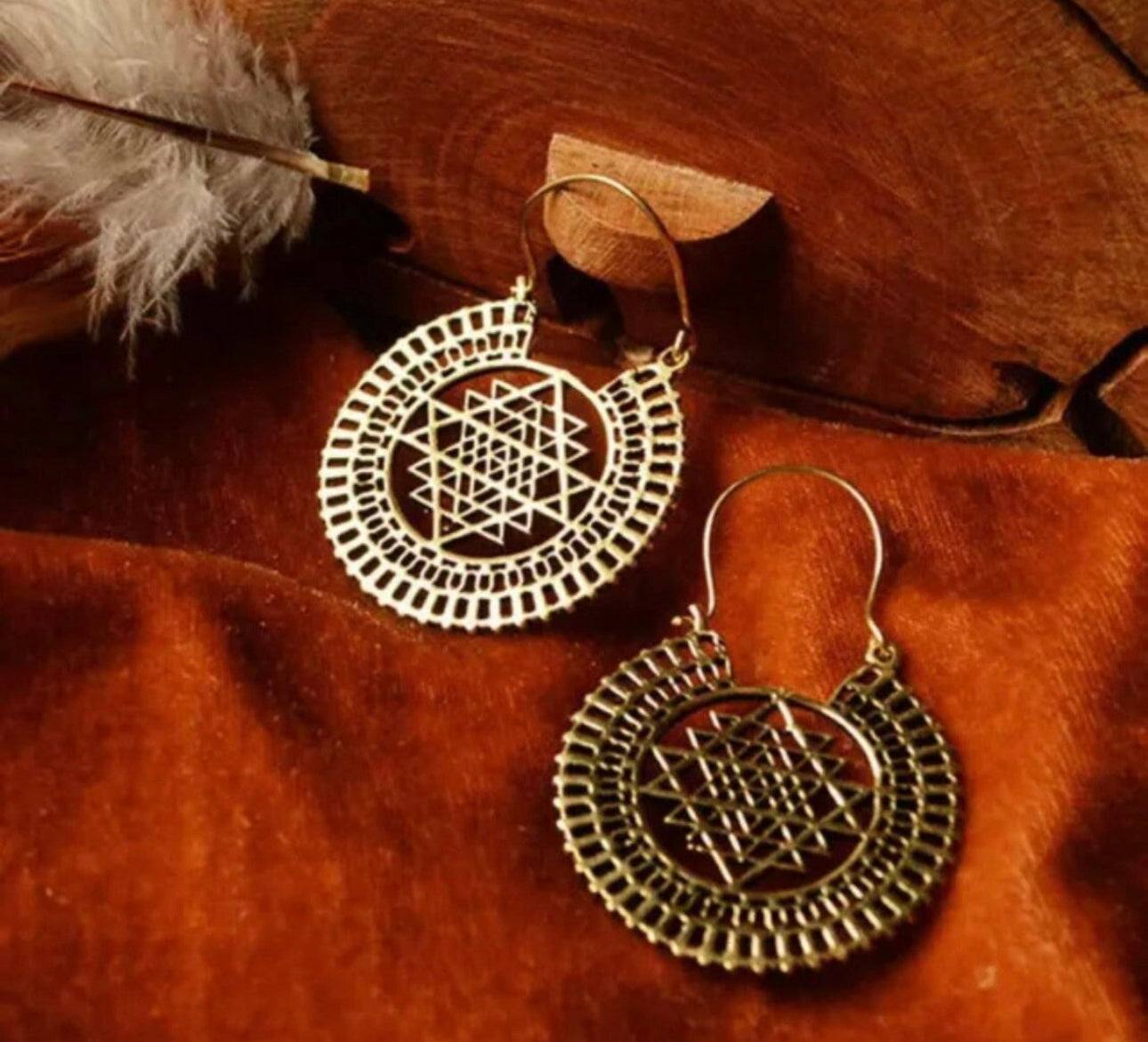 Handmade BOHO Brass Pyramid Large Round Drop Earrings - JazzyJewelbyAmina 