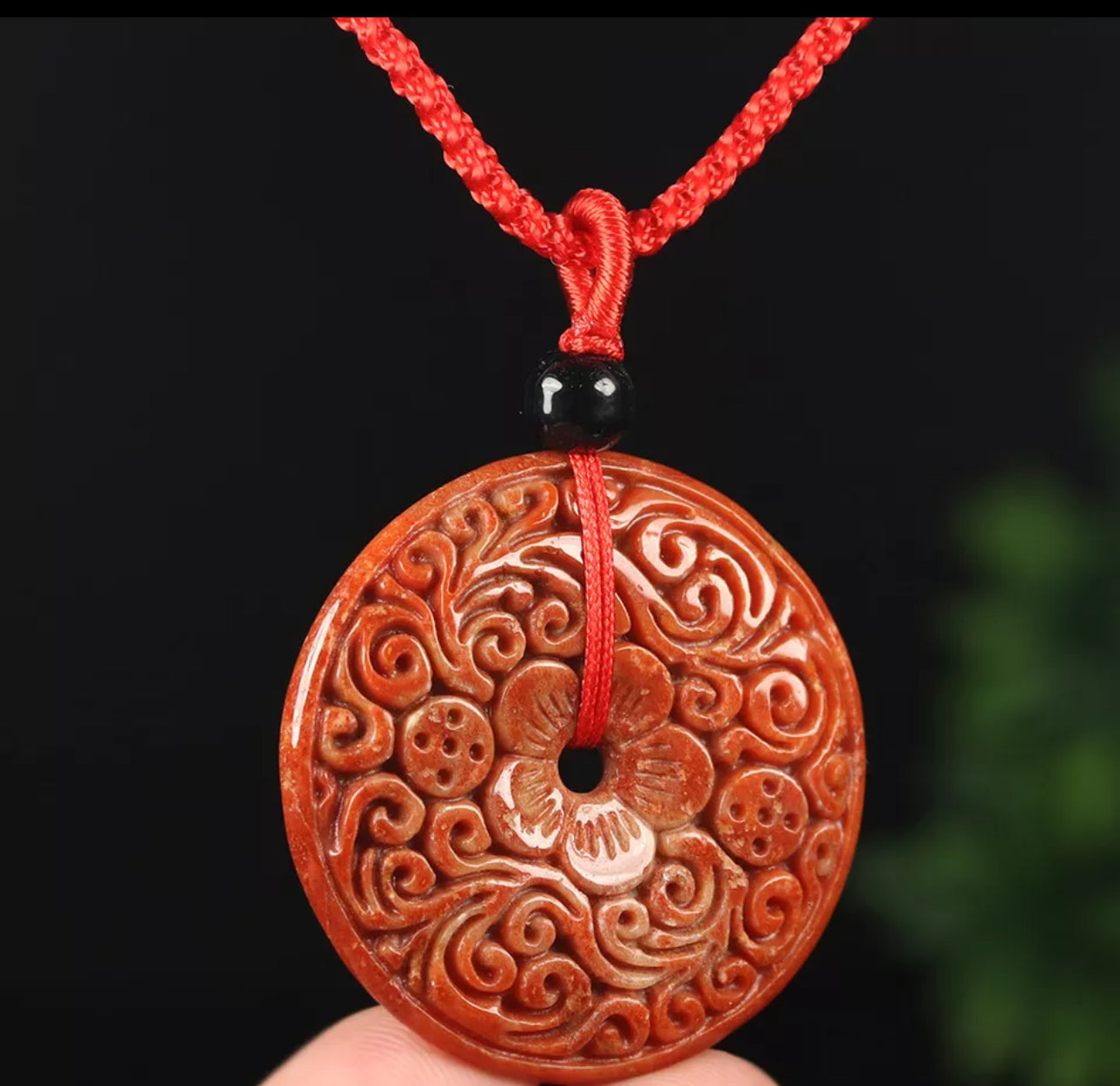 VINTAGE Jadeite Red/Brown Certified Jade Round Ruyi Flower Pendant w/ Adjustable Chord “As You Wish” J107 - JazzyJewelbyAmina 