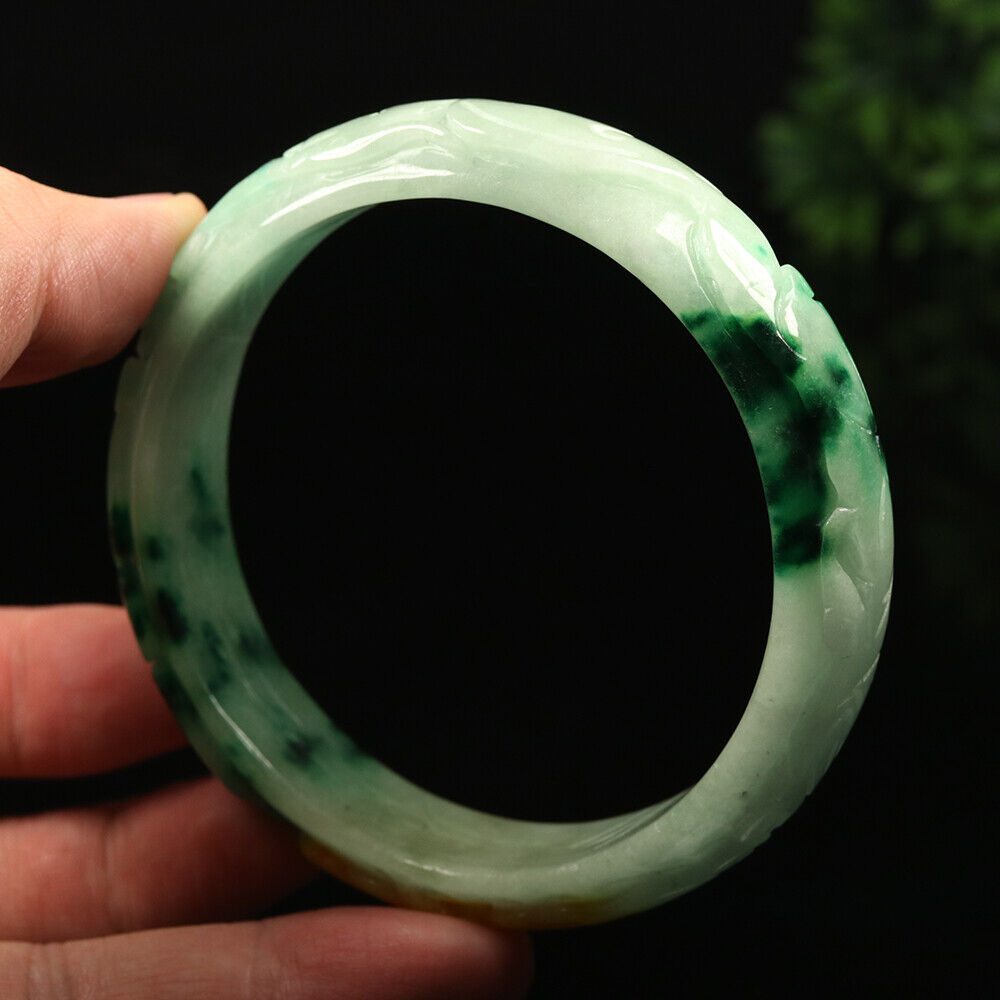 VINTAGE XXL Jadeite Green/Yelloe/White Handcarved Bangle Dragon Lotus Ruyi A449 - JazzyJewelbyAmina 