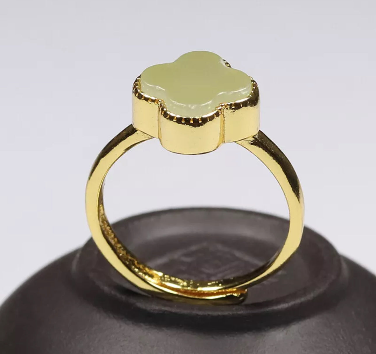 Certified Green Nephrite Jade Clover Ring Adjustable Good Plated Band - Prosperity Piece! - JazzyJewelbyAmina 