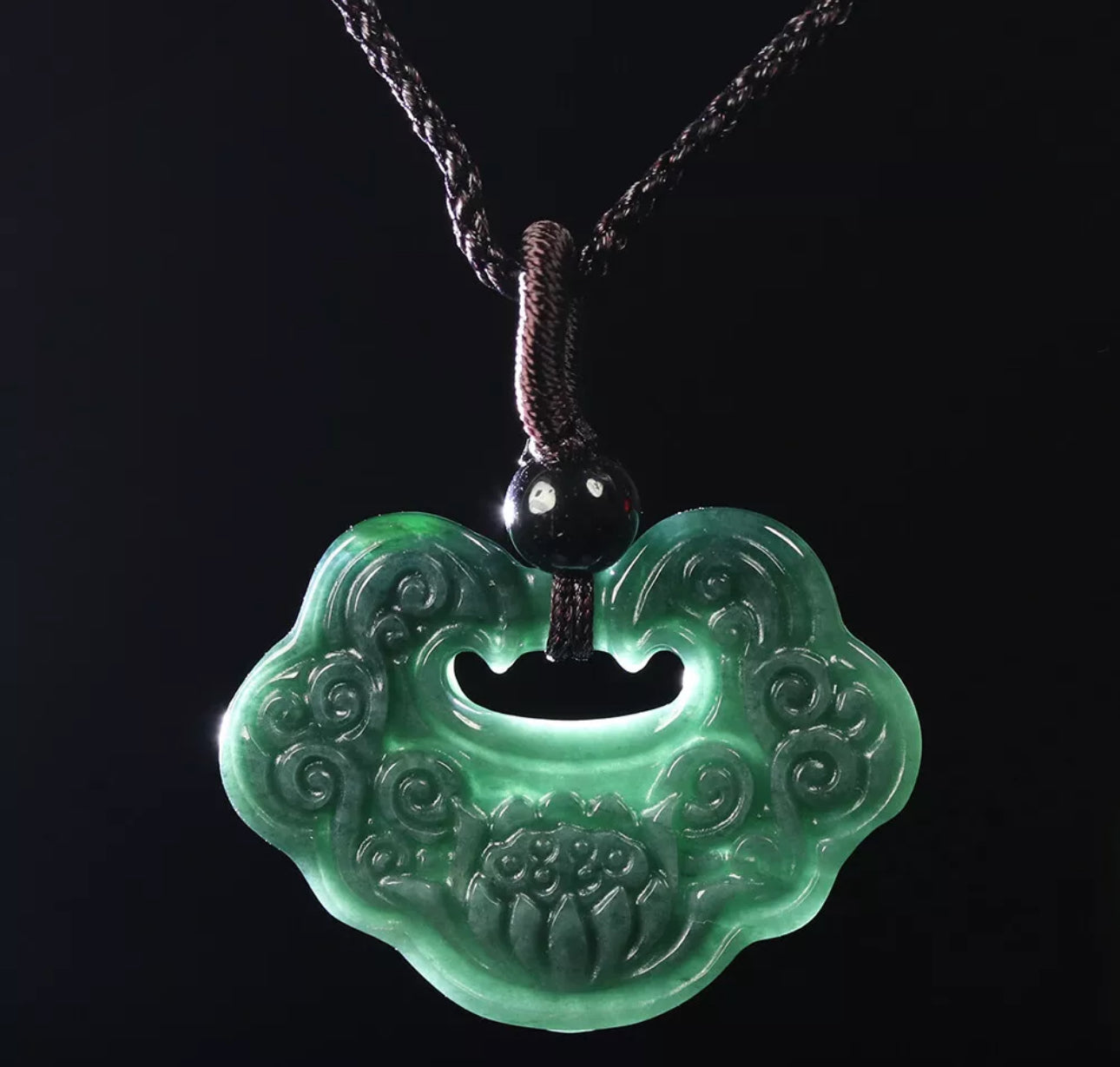 VINTAGE Jadeite Green Jade Pendant Hand Carved Lotus Flower w/ Threaded Chord M244 - JazzyJewelbyAmina 