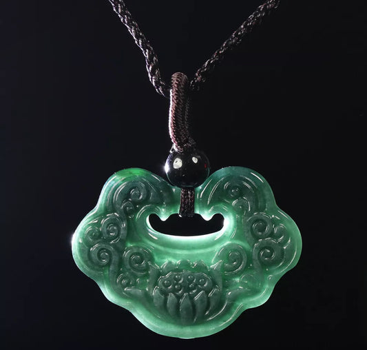 VINTAGE Jadeite Green Jade Pendant Hand Carved Lotus Flower w/ Threaded Chord M244 - JazzyJewelbyAmina 